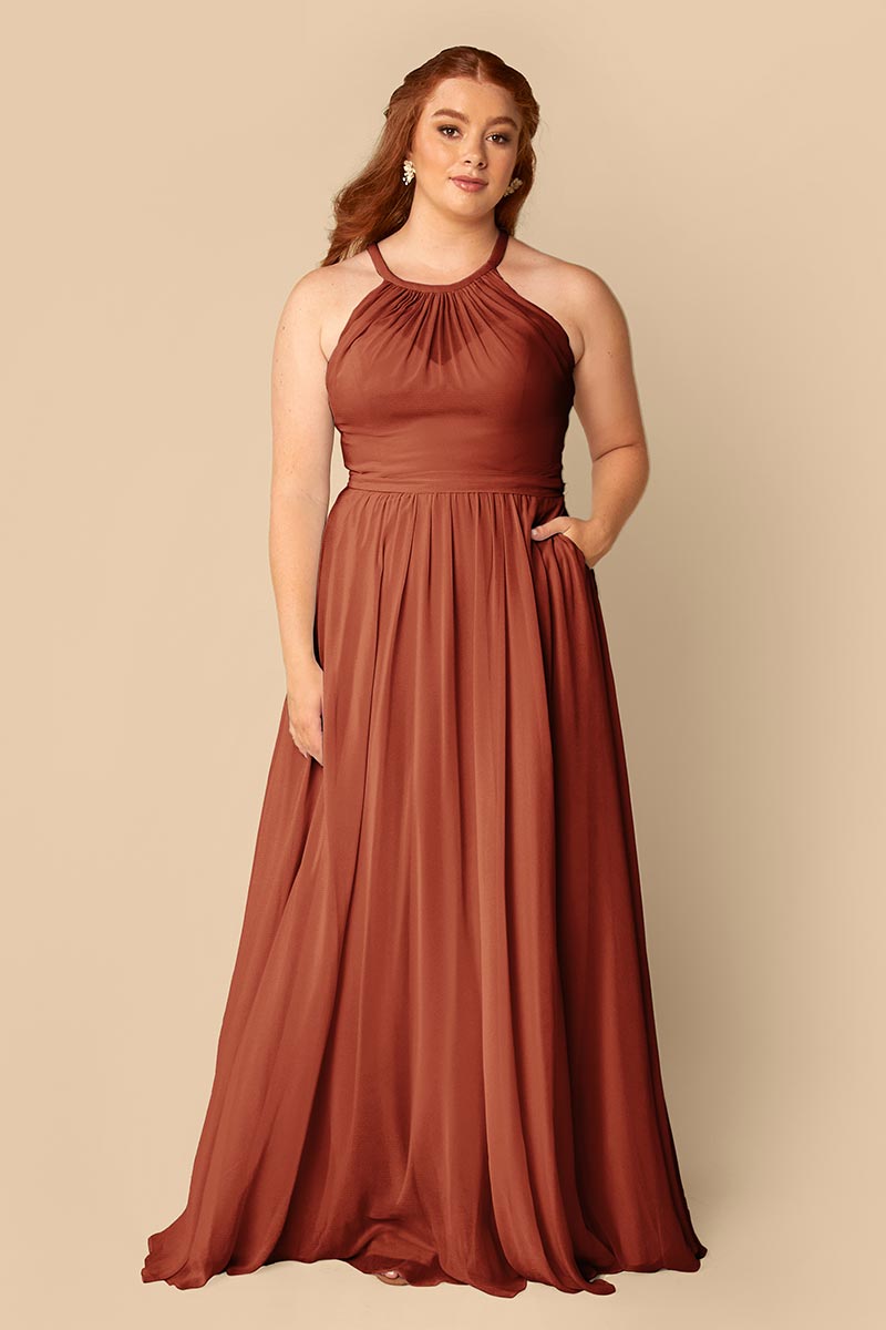 Long Lace Dress with Illusion Sweetheart Neck-Rust Suzanne BABARONI